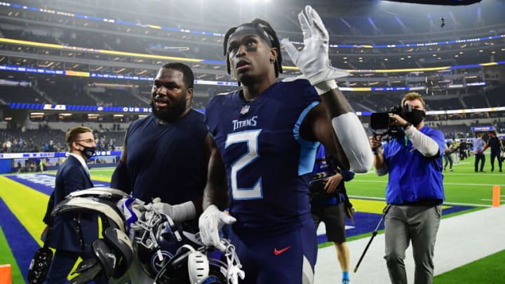 Nov 7, 2021; Inglewood, California, USA; Tennessee Titans wide receiver Julio Jones (2) celebrates the victory against the Los Angeles Rams at SoFi Stadium. Mandatory Credit: Gary A. Vasquez-USA TODAY Sports