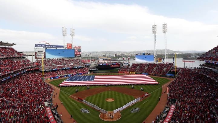 Apr 4, 2016; Cincinnati, OH, USA; General view during the national anthem as the Philadelphia Phillies and the Cincinnati Reds line up on the field during Opening Day ceremonies at Great American Ball Park. Mandatory Credit: David Kohl-USA TODAY Sports