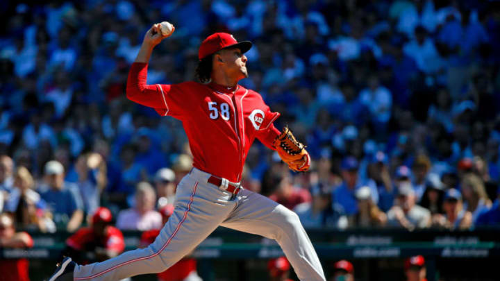 CHICAGO, IL - SEPTEMBER 16: Luis Castillo #58 of the Cincinnati Reds pitches against the Chicago Cubs during the first inning at Wrigley Field on September 16, 2018 in Chicago, Illinois. (Photo by Jon Durr/Getty Images)