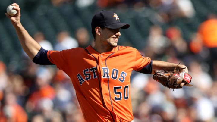 BALTIMORE, MD - SEPTEMBER 30: Starting pitcher Charlie Morton #50 of the Houston Astros throws to a Baltimore Orioles batter in the first inning at Oriole Park at Camden Yards on September 30, 2018 in Baltimore, Maryland. (Photo by Rob Carr/Getty Images)