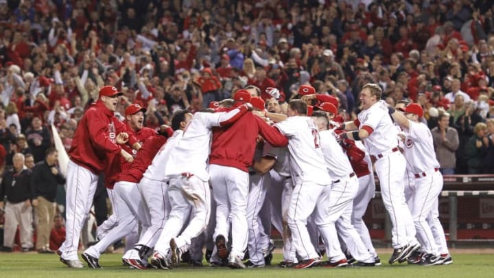 CINCINNATI, OH - SEPTEMBER 28: The Cincinnati Reds celebrate after Jay Bruce's walk off home run in the ninth inning against the Houston Astros at Great American Ball Park on September 28, 2010 in Cincinnati, Ohio. The Reds won 3-2 to clinch the NL Central Division title. (Photo by Joe Robbins/Getty Images)
