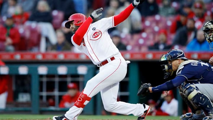 CINCINNATI, OH - APRIL 01: Jose Peraza #9 of the Cincinnati Reds strikes out with the bases loaded to end the first inning against the Milwaukee Brewers at Great American Ball Park on April 1, 2019 in Cincinnati, Ohio. (Photo by Joe Robbins/Getty Images)