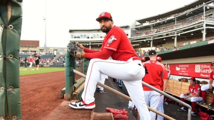 GOODYEAR, ARIZONA - MARCH 19: Matt Kemp #27 of the Cincinnati Reds prepares for a spring training game against the Chicago White Sox at Goodyear Ballpark on March 19, 2019 in Goodyear, Arizona. (Photo by Norm Hall/Getty Images)