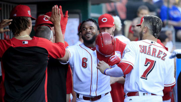 CINCINNATI, OHIO - JUNE 28: Phillip Ervin #6 of the Cincinnati Reds celebrates with teammates after hitting a home run in the second inning against the Chicago Cubs at Great American Ball Park on June 28, 2019 in Cincinnati, Ohio. (Photo by Andy Lyons/Getty Images)