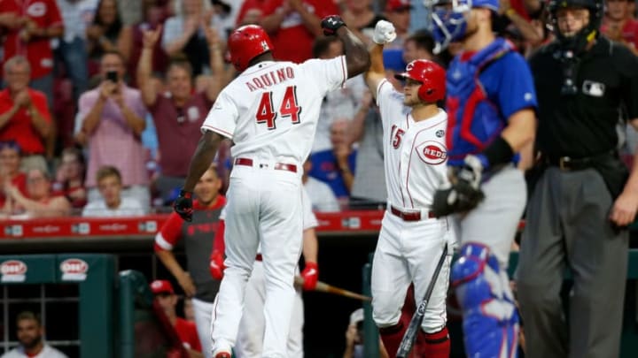 CINCINNATI, OH - AUGUST 10: Aristides Aquino #44 of the Cincinnati Reds is congratulated by Nick Senzel #15 after hitting his third home run of the game during the third inning against the Chicago Cubs at Great American Ball Park on August 10, 2019 in Cincinnati, Ohio. (Photo by Kirk Irwin/Getty Images)