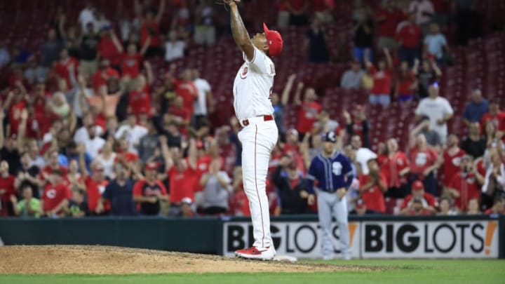 CINCINNATI, OHIO - AUGUST 20: Raisel Iglesias #26 of the Cincinnati Reds celebrates after the final out of the 3-2 win against the San Diego Padres at Great American Ball Park on August 20, 2019 in Cincinnati, Ohio. (Photo by Andy Lyons/Getty Images)