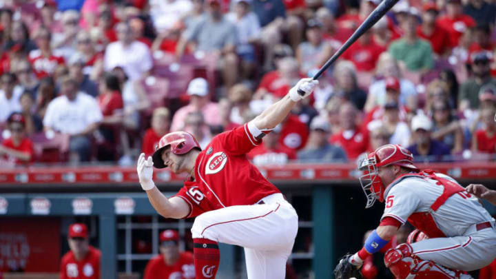 CINCINNATI, OH - SEPTEMBER 02: Nick Senzel #15 of the Cincinnati Reds reacts after striking out in the third inning against the Philadelphia Phillies at Great American Ball Park on September 2, 2019 in Cincinnati, Ohio. (Photo by Joe Robbins/Getty Images)