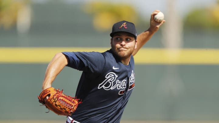 SARASOTA, FLORIDA - FEBRUARY 20: Thomas Burrows #79 of the Atlanta Braves throws live batting practice. (Photo by Michael Reaves/Getty Images)