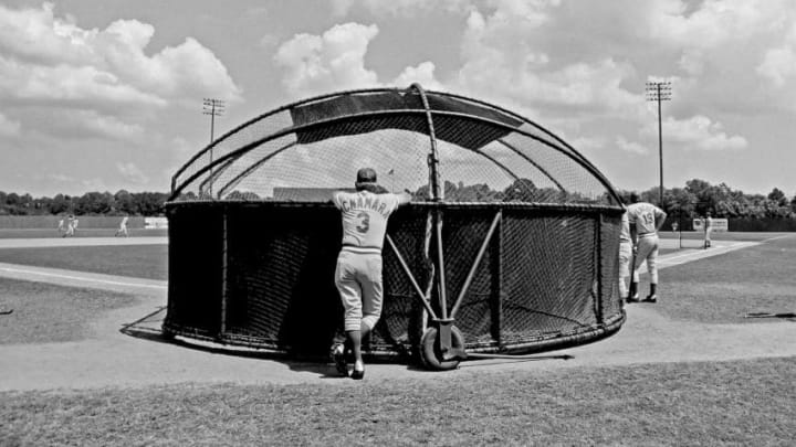 VERO BEACH, FL - 1981: Manager John McNamara #3 of the Cincinnati Reds leans on the batting cage before a game. (Photo by Jayne Kamin-Oncea/Getty Images)