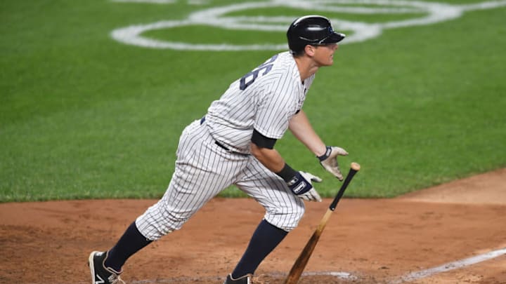 NEW YORK, NEW YORK - SEPTEMBER 25: DJ LeMahieu #26 of the New York Yankees drops his bat heading to first during the fifth inning against the Miami Marlins at Yankee Stadium on September 25, 2020 in the Bronx borough of New York City. (Photo by Sarah Stier/Getty Images) NEW YORK, NEW YORK - SEPTEMBER 25: DJ LeMahieu #26 of the New York Yankees drops his bat heading to first during the fifth inning against the Miami Marlins at Yankee Stadium on September 25, 2020 in the Bronx borough of New York City. (Photo by Sarah Stier/Getty Images)