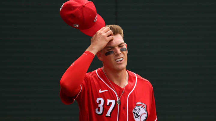 GLENDALE, ARIZONA - MARCH 25: Tyler Stephenson #37 of the Cincinnati Reds reacts. (Photo by Abbie Parr/Getty Images)
