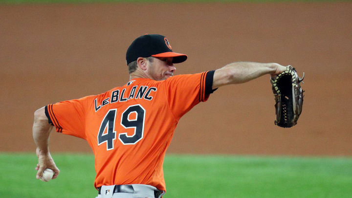 Wade LeBlanc #49 of the Baltimore Orioles pitches.
