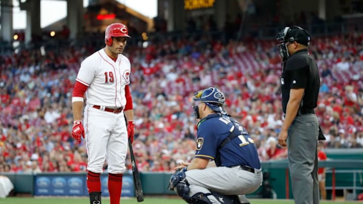 CINCINNATI, OH - JUNE 28: Joey Votto #19 of the Cincinnati Reds and Erik Kratz #15 of the Milwaukee Brewers exchange words during the third inning at Great American Ball Park on June 28, 2018 in Cincinnati, Ohio. (Photo by Andy Lyons/Getty Images) CINCINNATI, OH - JUNE 28: Joey Votto #19 of the Cincinnati Reds and Erik Kratz #15 of the Milwaukee Brewers exchange words during the third inning at Great American Ball Park on June 28, 2018 in Cincinnati, Ohio. (Photo by Andy Lyons/Getty Images)