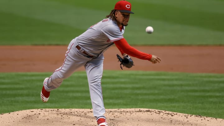 Luis Castillo #58 of the Cincinnati Reds pitches in the first inning.
