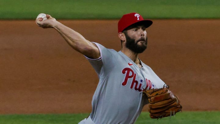 MIAMI, FLORIDA - SEPTEMBER 10: Jake Arrieta #49 of the Philadelphia Phillies delivers a pitch. (Photo by Mark Brown/Getty Images)