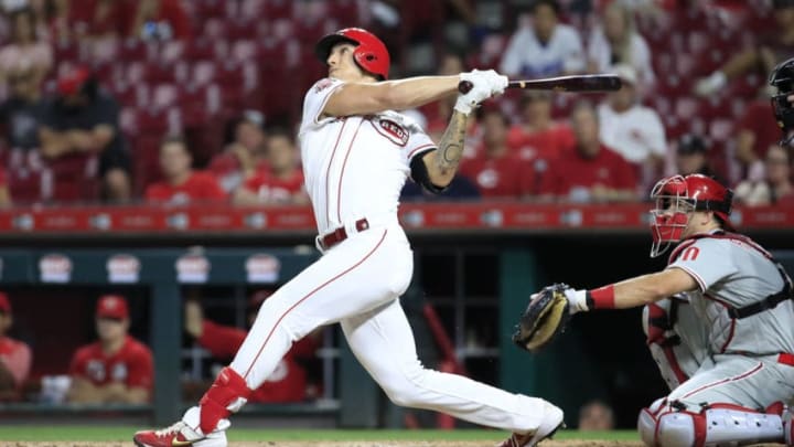 CINCINNATI, OHIO - SEPTEMBER 04: Michael Lorenzen #21 of the Cincinnati Reds hits a two run home run in the 8th inning against the Philadelphia Phillies at Great American Ball Park on September 04, 2019 in Cincinnati, Ohio. (Photo by Andy Lyons/Getty Images)