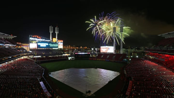 A view of fireworks on display after the game of the Colorado Rockies against the Cincinnati Reds at Great American Ball Park.