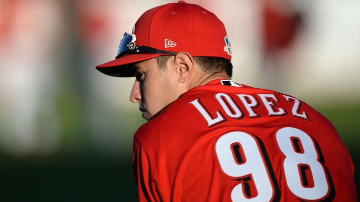 Cincinnati Reds outfielder Alejo Lopez warms up.