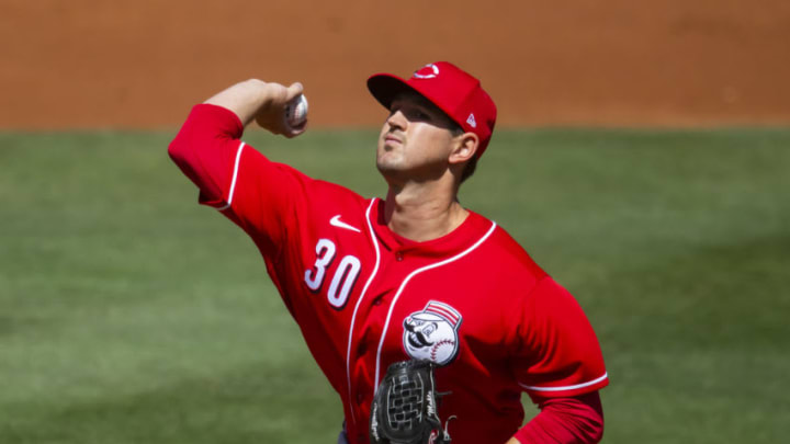 Mar 21, 2021; Mesa, Arizona, USA; Cincinnati Reds pitcher Tyler Mahle against the Chicago Cubs during a Spring Training game. Mandatory Credit: Mark J. Rebilas-USA TODAY Sports