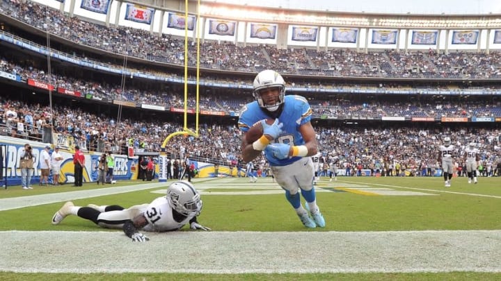 Oct 25, 2015; San Diego, CA, USA; San Diego Chargers wide receiver Keenan Allen (13) catches a pass in the end zone which was negated by a penalty during the second half of the game against the Oakland Raiders at Qualcomm Stadium. Oakland won 37-29. Mandatory Credit: Orlando Ramirez-USA TODAY Sports Oct 25, 2015; San Diego, CA, USA; San Diego Chargers wide receiver Keenan Allen (13) catches a pass in the end zone which was negated by a penalty during the second half of the game against the Oakland Raiders at Qualcomm Stadium. Oakland won 37-29. Mandatory Credit: Orlando Ramirez-USA TODAY Sports