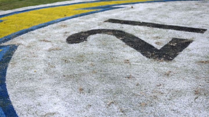 Nov 22, 2015; San Diego, CA, USA; A detailed view of the decal at midfield painted with the number 21 in honor of San Diego Chargers former runningback LaDanian Tomlinson during the game against the Kansas City Chiefs at Qualcomm Stadium. Mandatory Credit: Jake Roth-USA TODAY Sports