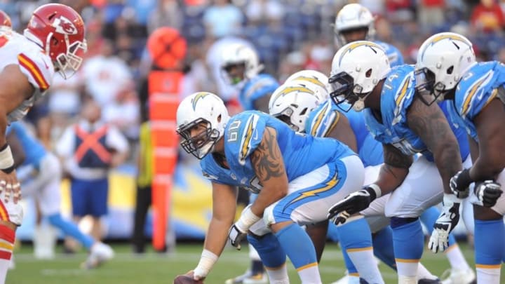 Nov 22, 2015; San Diego, CA, USA; San Diego Chargers center Trevor Robinson (60) awaits the snap during the second half of the game against the Kansas City Chiefs
at Qualcomm Stadium. Kansas City won 33-3. Mandatory Credit: Orlando Ramirez-USA TODAY Sports Nov 22, 2015; San Diego, CA, USA; San Diego Chargers center Trevor Robinson (60) awaits the snap during the second half of the game against the Kansas City Chiefs
at Qualcomm Stadium. Kansas City won 33-3. Mandatory Credit: Orlando Ramirez-USA TODAY Sports