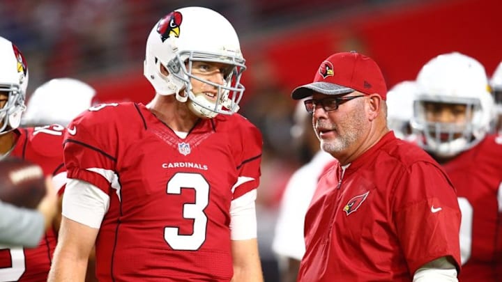 Aug 12, 2016; Glendale, AZ, USA; Arizona Cardinals quarterback Carson Palmer (3) and head coach Bruce Arians against the Oakland Raiders during a preseason game at University of Phoenix Stadium. Mandatory Credit: Mark J. Rebilas-USA TODAY Sports Aug 12, 2016; Glendale, AZ, USA; Arizona Cardinals quarterback Carson Palmer (3) and head coach Bruce Arians against the Oakland Raiders during a preseason game at University of Phoenix Stadium. Mandatory Credit: Mark J. Rebilas-USA TODAY Sports