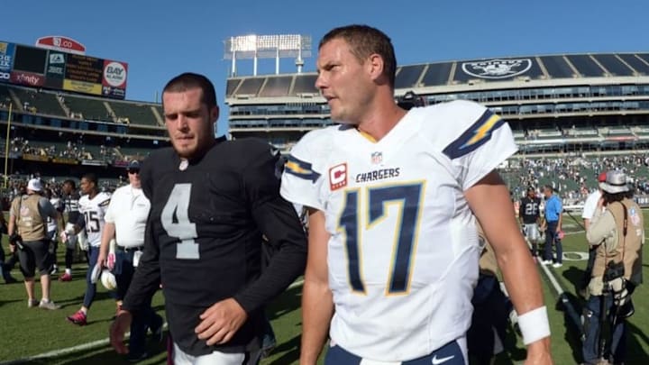 Oct 12, 2014; Oakland, CA, USA; Oakland Raiders quarterback Derek Carr (4) and San Diego Chargers quarterback Philip Rivers (17) after the game at O.co Coliseum. The Chargers defeated the Raiders 31-28. Mandatory Credit: Kirby Lee-USA TODAY Sports Oct 12, 2014; Oakland, CA, USA; Oakland Raiders quarterback Derek Carr (4) and San Diego Chargers quarterback Philip Rivers (17) after the game at O.co Coliseum. The Chargers defeated the Raiders 31-28. Mandatory Credit: Kirby Lee-USA TODAY Sports