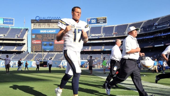 Sep 18, 2016; San Diego, CA, USA; San Diego Chargers quarterback Philip Rivers (17) clenches his fist as he runs off the field following the game against the Jacksonville Jaguars at Qualcomm Stadium. San Diego won 38-14. Mandatory Credit: Orlando Ramirez-USA TODAY Sports