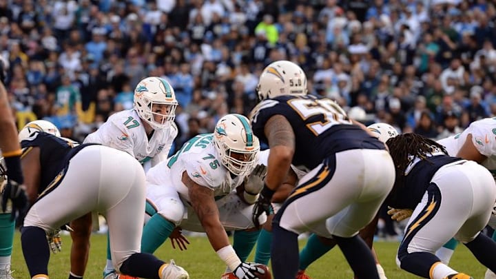 Dec 20, 2015; San Diego, CA, USA; Miami Dolphins quarterback Ryan Tannehill (17) calls the cadence before the snap during the third quarter against the San Diego Chargers at Qualcomm Stadium. Mandatory Credit: Jake Roth-USA TODAY Sports Dec 20, 2015; San Diego, CA, USA; Miami Dolphins quarterback Ryan Tannehill (17) calls the cadence before the snap during the third quarter against the San Diego Chargers at Qualcomm Stadium. Mandatory Credit: Jake Roth-USA TODAY Sports
