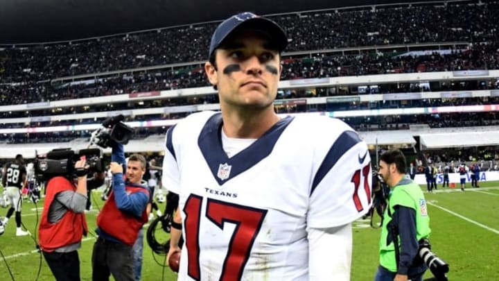 Nov 21, 2016; Mexico City, MEX; Houston Texans quarterback Brock Osweiler (17) reacts after a NFL International Series game against the Oakland Raiders at Estadio Azteca. The Raiders defeated the Texans 27-20. Mandatory Credit: Kirby Lee-USA TODAY Sports Nov 21, 2016; Mexico City, MEX; Houston Texans quarterback Brock Osweiler (17) reacts after a NFL International Series game against the Oakland Raiders at Estadio Azteca. The Raiders defeated the Texans 27-20. Mandatory Credit: Kirby Lee-USA TODAY Sports