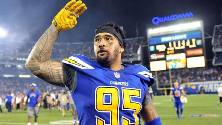 Oct 13, 2016; San Diego, CA, USA; San Diego Chargers defensive end Tenny Palepoi (95) waves to the crowd following the game against the Denver Broncos at Qualcomm Stadium. San Diego won 21-13. Mandatory Credit: Orlando Ramirez-USA TODAY Sports