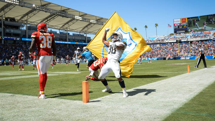 CARSON, CA – SEPTEMBER 09: Running back Austin Ekeler #30 of the Los Angeles Chargers celebrates a touchdown against the Kansas City Chiefs at StubHub Center on September 9, 2018 in Carson, California. (Photo by Kevork Djansezian/Getty Images)