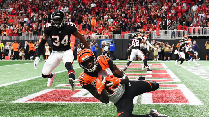 ATLANTA, GA – SEPTEMBER 30: A.J. Green #18 of the Cincinnati Bengals catches the game-winning touchdown pass during the fourth quarter against the Cincinnati Bengals at Mercedes-Benz Stadium on September 30, 2018, in Atlanta, Georgia. (Photo by Scott Cunningham/Getty Images)