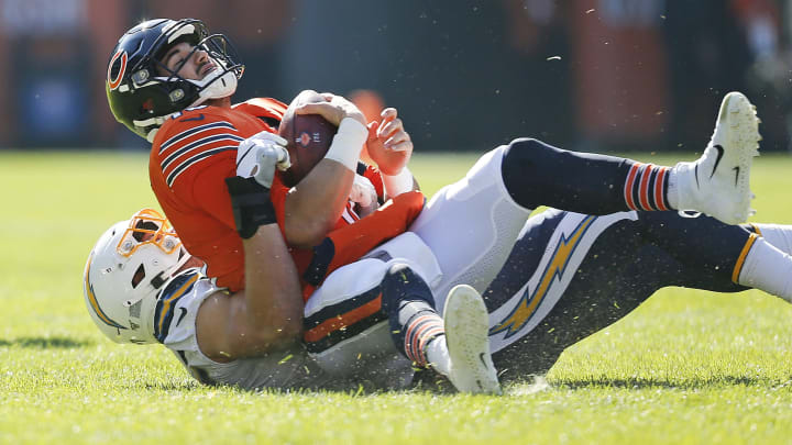 Joey Bosa #97 of the Los Angeles Chargers takes down Mitchell Trubisky #10 of the Chicago Bears (Photo by Nuccio DiNuzzo/Getty Images)