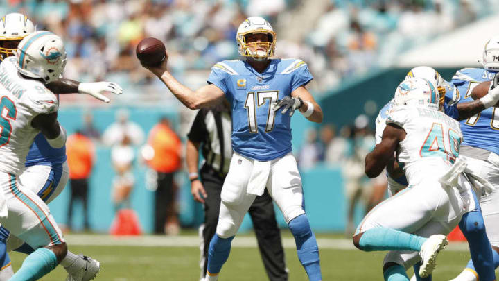 MIAMI, FLORIDA - SEPTEMBER 29: Philip Rivers #17 of the Los Angeles Chargers throws a pass against the Miami Dolphins during the first quarter at Hard Rock Stadium on September 29, 2019 in Miami, Florida. (Photo by Michael Reaves/Getty Images) MIAMI, FLORIDA - SEPTEMBER 29: Philip Rivers #17 of the Los Angeles Chargers throws a pass against the Miami Dolphins during the first quarter at Hard Rock Stadium on September 29, 2019 in Miami, Florida. (Photo by Michael Reaves/Getty Images)
