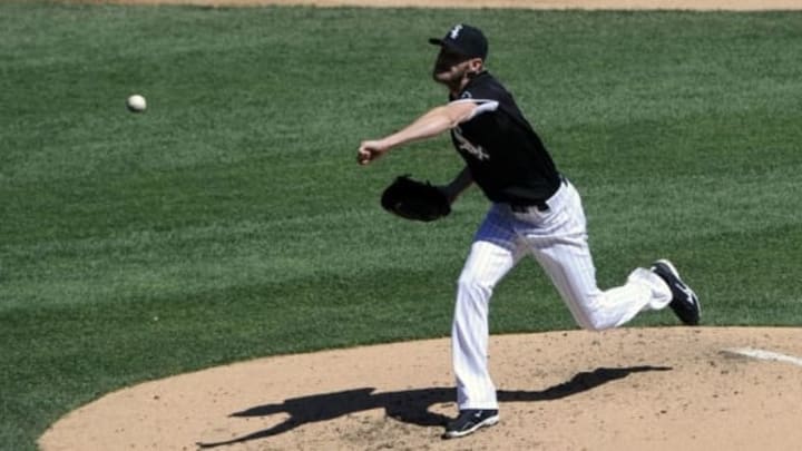 Apr 9, 2016; Chicago, IL, USA; Chicago White Sox starting pitcher Chris Sale (49) pitches in the third inning of their game against the Cleveland Indians at U.S. Cellular Field. Mandatory Credit: Matt Marton-USA TODAY Sports