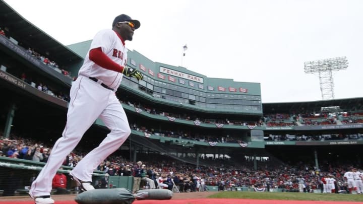Apr 11, 2016; Boston, MA, USA; Boston Red Sox designated hitter David Ortiz (34) takes the field before the Red Sox home opener against the Baltimore Orioles at Fenway Park. Mandatory Credit: David Butler II-USA TODAY Sports