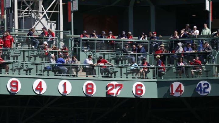 Apr 15, 2015; Boston, MA, USA; The number 42 hangs on the right field wall along with other numbers retired by the Boston Red Sox in honor of Jackie Robinson during the second inning against the Washington Nationals at Fenway Park. Mandatory Credit: Greg M. Cooper-USA TODAY Sports