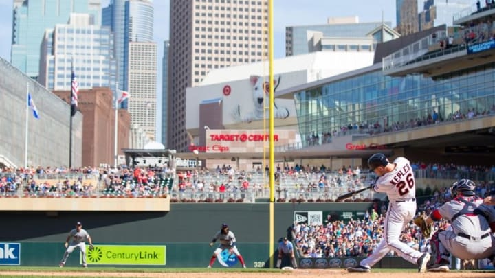 Jun 12, 2016; Minneapolis, MN, USA; Minnesota Twins outfielder Max Kepler (26) hits a three run walk off home run in the eleventh inning against the Boston Red Sox at Target Field. It was his first major league home run. The Twins won 7-4 in 10 innings. Mandatory Credit: Brad Rempel-USA TODAY Sports