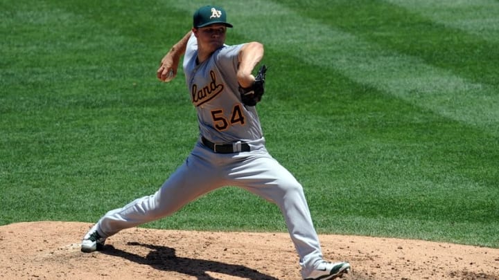 June 26, 2016; Anaheim, CA, USA; Oakland Athletics starting pitcher Sonny Gray (54) throws in the second inning against Los Angeles Angels at Angel Stadium of Anaheim. Mandatory Credit: Gary A. Vasquez-USA TODAY Sports