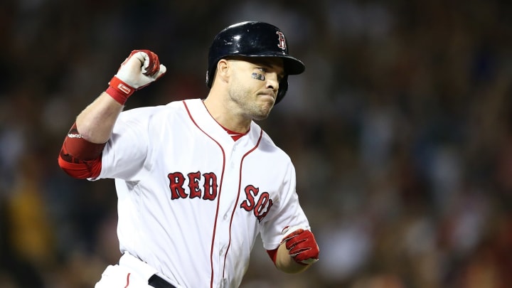 BOSTON, MA – AUGUST 2: Steve Pearce #25 of the Boston Red Sox reacts as he rounds first base after hitting a three-run home run in the fourth inning of a game against the New York Yankees at Fenway Park on August 2, 2018 in Boston, Massachusetts. (Photo by Adam Glanzman/Getty Images)