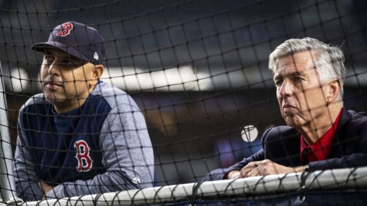 NEW YORK, NY - OCTOBER 8: Manager Alex Cora and President of Baseball Operations Dave Dombrowski of the Boston Red Sox look on before game three of the American League Division Series against the New York Yankees on October 8, 2018 at Yankee Stadium in the Bronx borough of New York City. (Photo by Billie Weiss/Boston Red Sox/Getty Images)