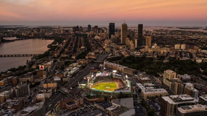 BOSTON, MA - SEPTEMBER 5: An aerial view of Fenway Park at sunset during a game between the Boston Red Sox and the Minnesota Twins on September 5, 2019 at Fenway Park in Boston, Massachusetts. (Photo by Billie Weiss/Boston Red Sox/Getty Images)