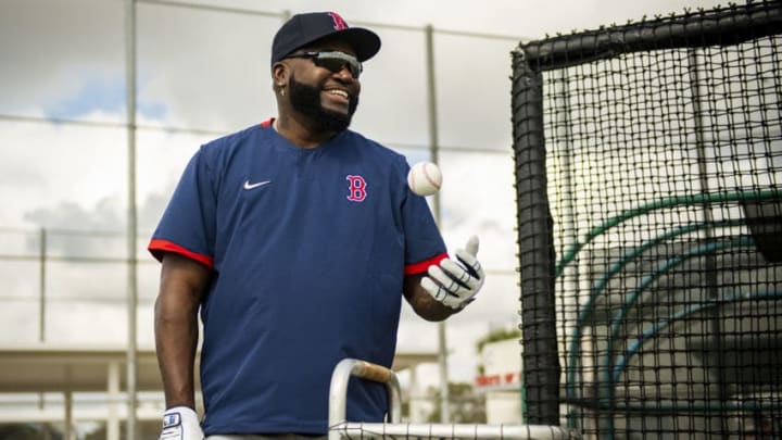 FT. MYERS, FL - FEBRUARY 20: Former designated hitter David Ortiz of the Boston Red Sox reacts during a team workout on February 20, 2020 at jetBlue Park at Fenway South in Fort Myers, Florida. (Photo by Billie Weiss/Boston Red Sox/Getty Images)