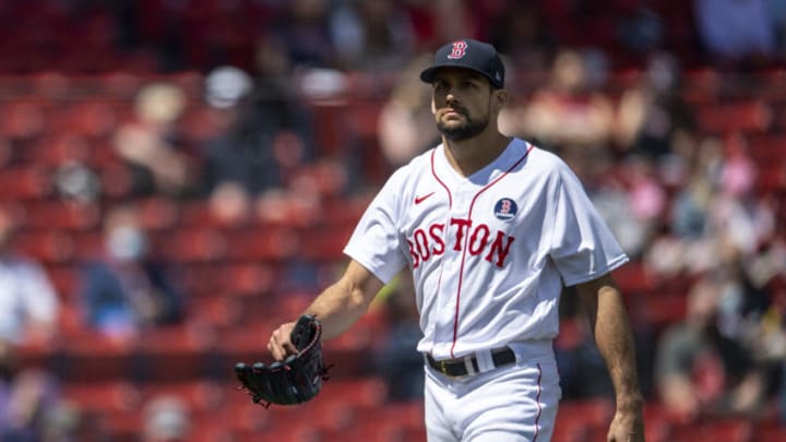 BOSTON, MA - APRIL 19: Nathan Eovaldi #17 of the Boston Red Sox reacts during the third inning of a game against the Chicago White Sox on April 19, 2021 at Fenway Park in Boston, Massachusetts. (Photo by Billie Weiss/Boston Red Sox/Getty Images)