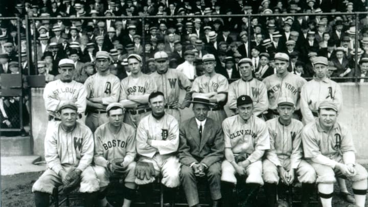NEW YORK CITY – 1911: A group of all stars pose togethter in New York City in New York City for a photograph in 1911 at the Polo Grounds Back row, left to right, are Bobby Wallace, Home Run Baker, Joe Wood, Walter Johnson, Hal Chase, Clyde Milan, and Eddie Collins. Seated are Germany Schaeffer, Tris Speaker,Sam Crawford, Ty Cobb, and Paddy Livingston (Photo Reproduction by Transcendental Graphics/Getty Images)