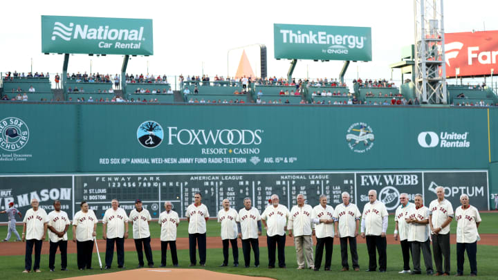 BOSTON, MA – AUGUST 16: Members of the American League Champion 1967 Red Sox are acknowledged at Fenway Park before the game between the Boston Red Sox and the St. Louis Cardinals on August 16, 2017 in Boston, Massachusetts. (Photo by Maddie Meyer/Getty Images)