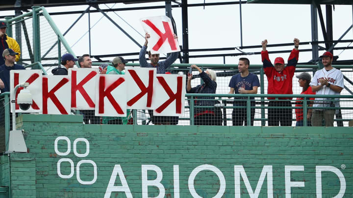 BOSTON, MA – OCTOBER 09: Boston Red Sox fans display strike signs in the sixth inning during game four of the American League Division Series between the Houston Astros and the Boston Red Sox at Fenway Park on October 9, 2017 in Boston, Massachusetts. (Photo by Maddie Meyer/Getty Images)