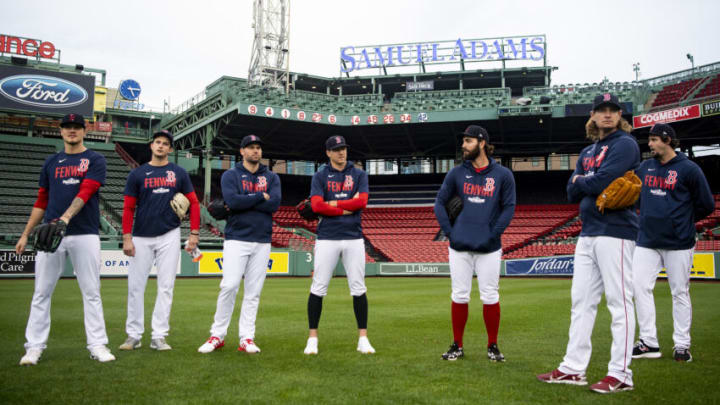 BOSTON, MA - OCTOBER 05: Members of the Boston Red Sox bullpen look on before the 2021 American League Wild Card game between the Boston Red Sox and the New York Yankees at Fenway Park on October 5, 2021 in Boston, Massachusetts. (Photo by Billie Weiss/Boston Red Sox/Getty Images)